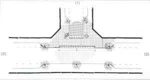 Diagram 10.6/21 from ASVV. Shows details including trees, signs, narrowing of both the main and side roads, ramps.