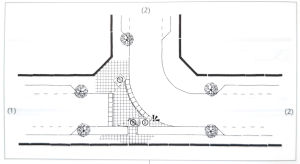 Diagram 10.6/41 from ASVV. Shows details including trees, signs, narrowing of both the main and side roads, ramps. Main road turns corner.