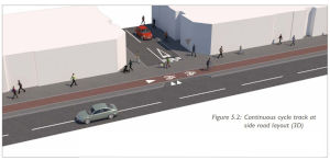 Shows the footway of a bigger road carrying on across the end of a two-way side road at their junction.