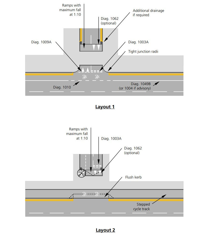 Active Travel Act Guidance, drawing DE605. Two sub-images. Images include many details written on the image.