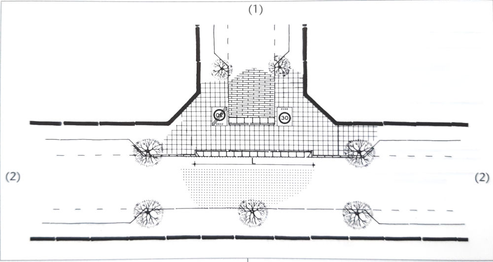 Diagram 10.6/21 from ASVV. Shows details including trees, signs, narrowing of both the main and side roads, ramps.