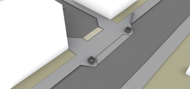 A simplified 3D illustration of a real location. This location looks different to the neighbouring images because there is a build-out area of footway into both the side road and main road.