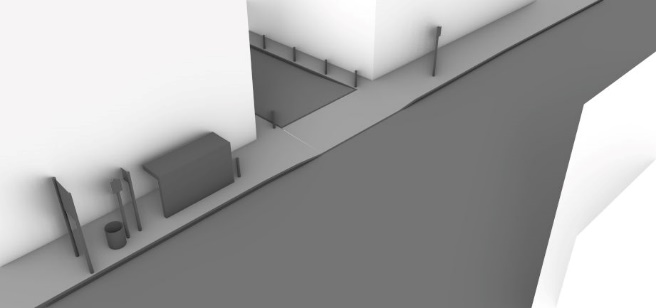 A simplified 3D illustration of a real location. This location looks different to the neighbouring images because the side road is a narrow lane with bollards marking the edges of the footway. There is also a bus shelter on the main road footway.