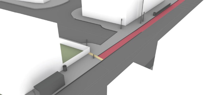 A simplified 3D illustration of a real location. This location looks different to the neighbouring images because there is a cycle track beside the footway. The drivable space appears less significant.