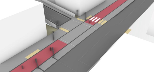 A simplified 3D illustration of a real location. This location looks different to the neighbouring images because of the level of complexity. There is a cycle track, a neighbouring strip of footway, and a variety of tactile paving. The surfaces change colour in several places.