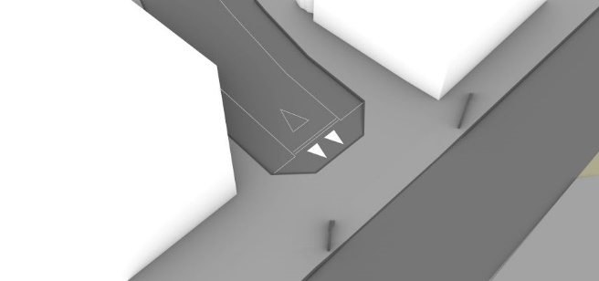 A simplified 3D illustration of a real location. This location looks different to the neighbouring images because there are build out areas of footway on the side road.