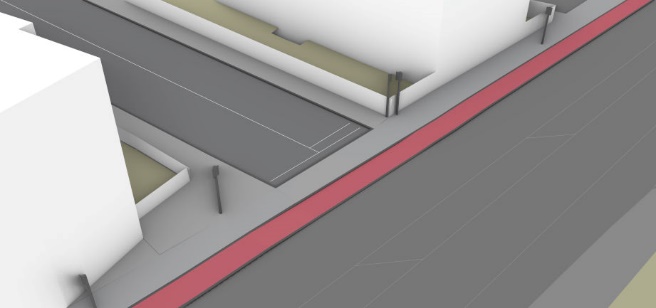 A simplified 3D illustration of a real location. This location looks different to the neighbouring images because there is a cycle track beside the footway, but these look much narrower than in the other illustrations.